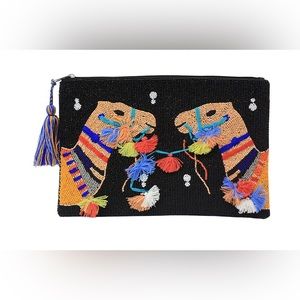 America & Beyond EMBELLISHED CAMEL LINEN COTTON THREAD CLUTCH